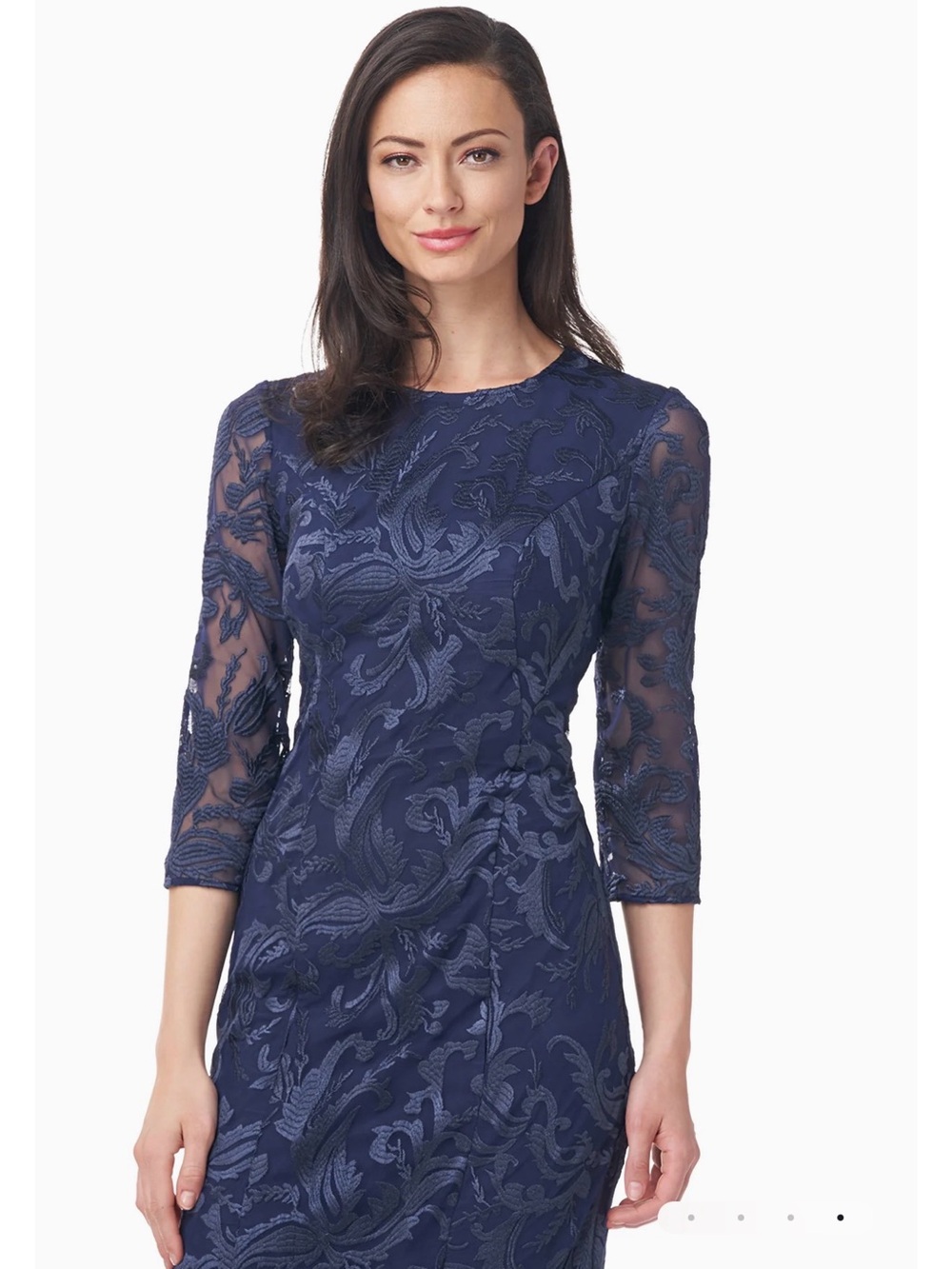 JS Collections Navy Embroidered Lace Sheath Dress with 3/4 Sleeves